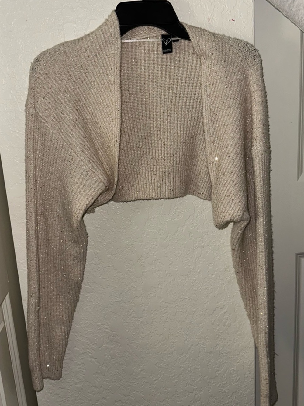 Windsor Sparkle Cropped Open-Front Shrug in Ivory-Beige